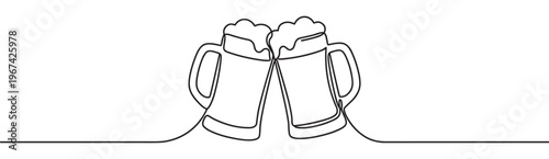 Two continuous line art beer mugs with foamy tops are clinking together, symbolizing celebration and friendship