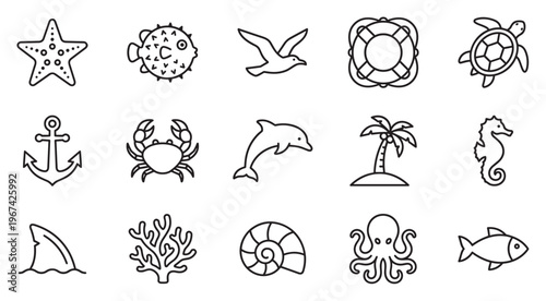 Fifteen black outline icons of various marine life and nautical elements arranged neatly on a white surface