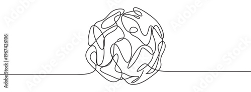 Single continuous line drawing forms a tangled, messy ball shape, symbolizing confusion and complexity