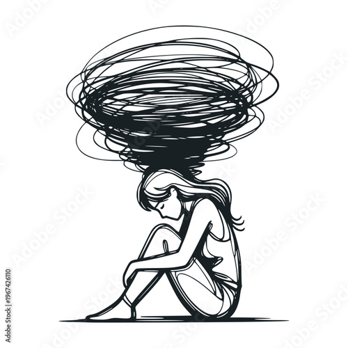 Illustration of a sad girl with chaotic swirling lines above her in simple ink style on white background, symbolizing emotional struggle concept. Loneliness, depression, mental problems concept