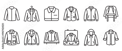 Collection of various outline clothing icons, including jackets, shirts, and blazers, presented in a clean, minimalist style