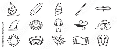 Collection of hand-drawn black and white icons representing various windsurfing and beach-related elements in a clean, illustrative style