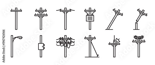 Collection of various outline icons depicting different types of utility poles, including power lines, streetlights, and damaged poles, presented in a clean, minimalist style