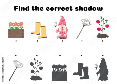 Find the correct shadow game worksheet with garden tools boots gnome rake flower box and tomato plant fun educational activity for kids learning shapes and object recognition