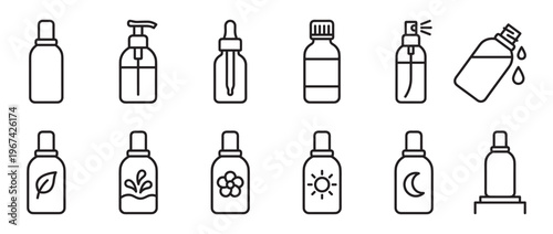 Collection of twelve black outline icons depicting various cosmetic and pharmaceutical bottles, including spray, dropper, and pump dispensers