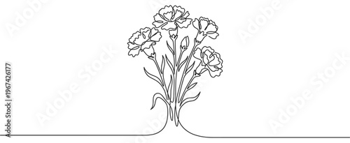 Continuous line drawing of a beautiful bouquet of carnation flowers with delicate petals and slender stems, rendered in a minimalist artistic style