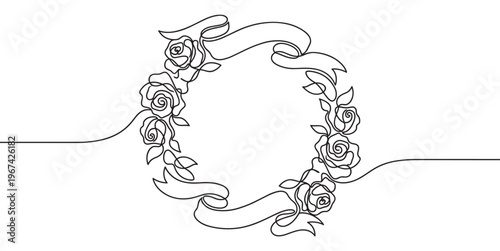 Continuous line drawing depicts a beautiful circular floral wreath with roses and flowing ribbons, rendered in a simple, elegant black outline style