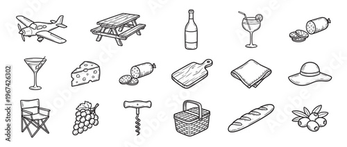 Collection of hand-drawn picnic and outdoor leisure items, including food, drinks, and accessories, rendered in a clean line art style