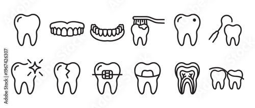 Collection of black outline dental icons illustrating various tooth conditions and oral care procedures