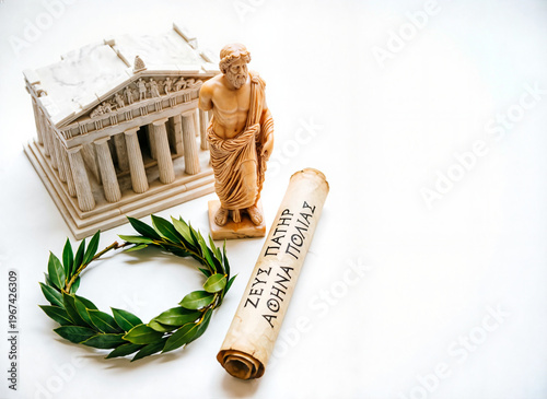 miniature temple model, a statue of Zeus, laurel wreath, and a scroll on white 