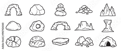 Various hand-drawn black and white rock formations, including arches, boulders, stacked stones, and caves, in a cartoon style