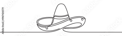 Simple black line art drawing of a traditional Mexican sombrero hat with a wide brim, presented in a minimalist style