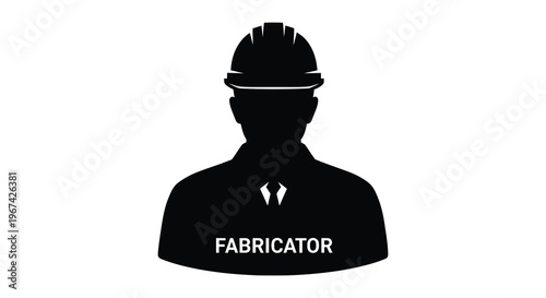 Black silhouette of a worker wearing a hard hat labeled fabricator silhouette