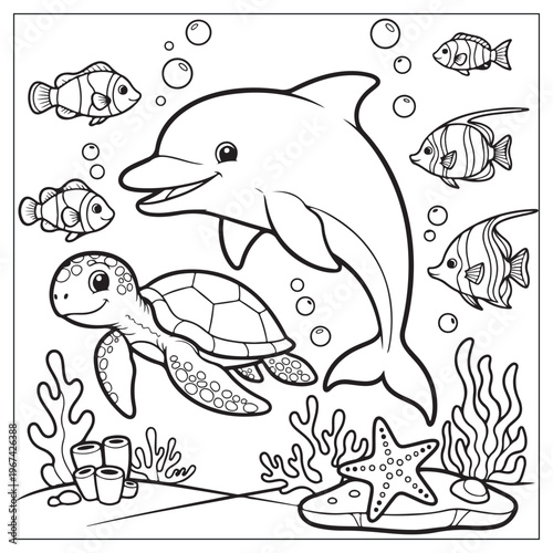 A playful scene of a dolphin turtle and fish underwater coloring page