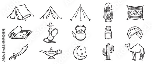 Collection of hand-drawn desert and Arabian culture icons, including tents, a camel, a hookah, and a magic lamp