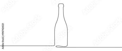 Single continuous line drawing of a tall, elegant champagne bottle, rendered in a minimalist graphic style