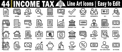 Income tax line art icons pack. Easy to edit, vector file. tax form, income, refund, audit, calculator, payment, deductions illustration.