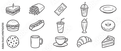 Collection of hand-drawn fast food and dessert items, including burgers, fries, drinks, and pastries, rendered in a simple black and white cartoon style