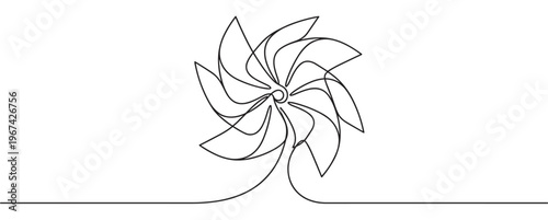 Single continuous line drawing of a stylized pinwheel with multiple blades, creating a dynamic, simple, and elegant graphic design
