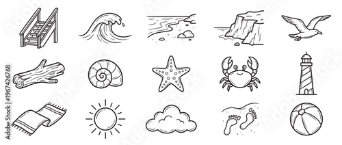 Collection of fifteen hand-drawn black and white line art icons depicting various beach and ocean elements