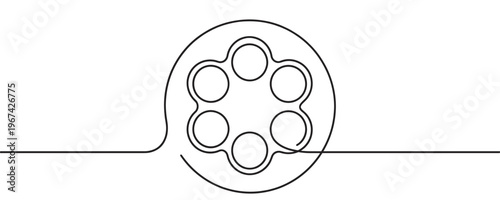 Simple continuous line drawing of a revolver cylinder with six chambers, depicted in a minimalist black and white style