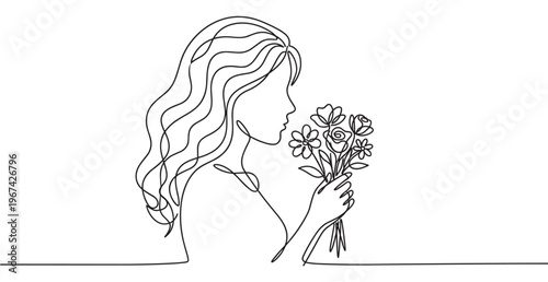 Beautiful young woman with long wavy hair holds a bouquet of flowers in a continuous line art drawing style