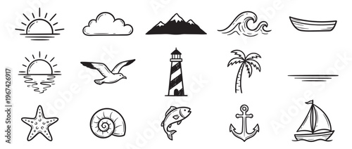 Hand-drawn black and white doodle icons representing various elements of nature and sea life in a charming, simple style