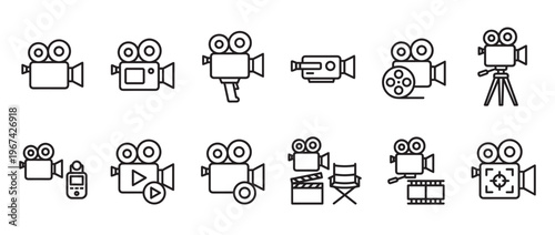 Collection of black outline video camera icons depicting various film and movie production equipment