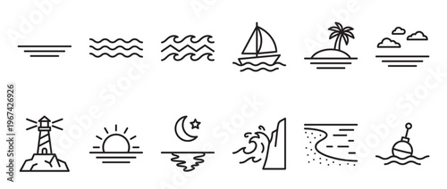 Collection of simple line art icons depicting various sea, ocean, and beach-related elements, presented in a clean, minimalist style