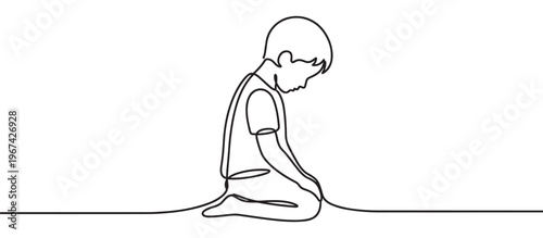 Continuous line drawing of a young boy sitting on his knees with his head bowed down, depicting sadness or contemplation
