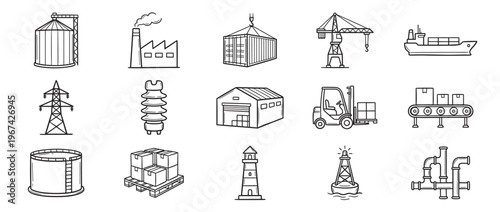 Collection of fifteen hand-drawn industrial and logistics icons, featuring various elements like a silo, factory, container, crane, and ship