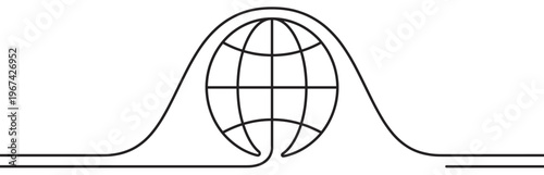 Simple black outline drawing of a globe with meridians and parallels, embraced by two flowing lines