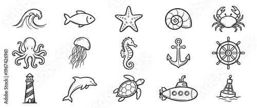Collection of fifteen hand-drawn black and white marine life and nautical icons, featuring various sea creatures and ocean elements in a doodle style