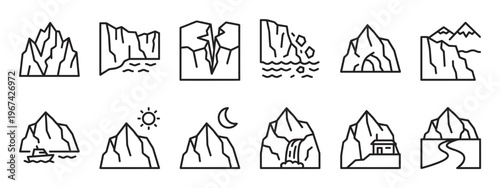 Collection of twelve simple black outline mountain and cliff icons in various natural settings