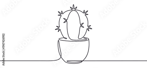 Single black line drawing of a potted cactus plant with spiky details, presented in a minimalist style