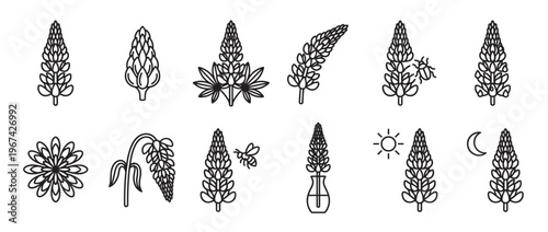 Collection of black outline lupine flower icons showing various stages and interactions in a clean, graphic style