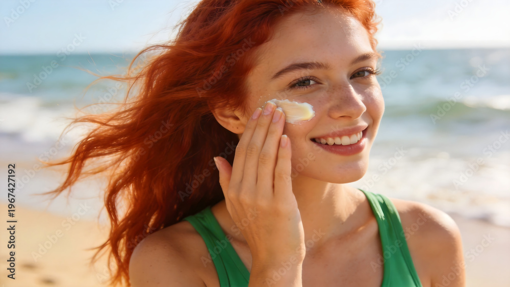 Fototapeta premium Woman Applying Sunscreen on Beach