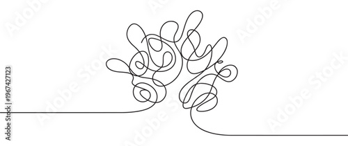 Single continuous black line forms a complex, tangled knot in the center of a clean white field, symbolizing confusion or problem-solving