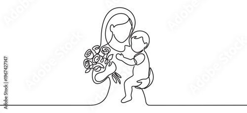 Beautiful continuous line drawing of a loving mother holding her baby and a bouquet of flowers, symbolizing maternal affection and care