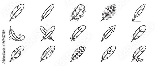 Collection of fifteen hand-drawn feather icons in various styles, including a quill pen and a peacock feather, depicted with clean black outlines