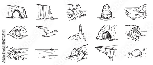 Collection of hand-drawn black and white illustrations depicting various coastal and sea elements in a simple, graphic style