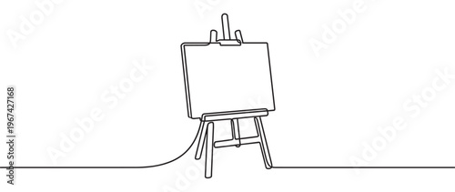 Simple black line drawing of an artist's easel with a blank canvas, rendered in a continuous single-line style