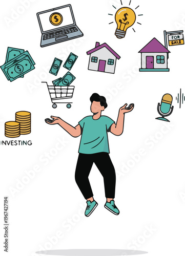 A cartoon man juggling multiple financial and business tasks with ease and confidence