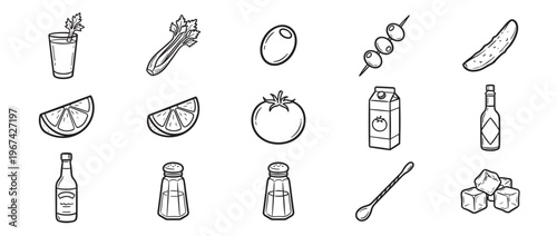 Collection of hand-drawn black and white icons representing various ingredients and tools for making a Bloody Mary cocktail