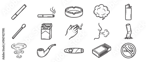 Collection of hand-drawn smoking-related items, including cigarettes, ashtrays, lighters, matches, and a no-smoking sign, presented as simple black outline illustrations