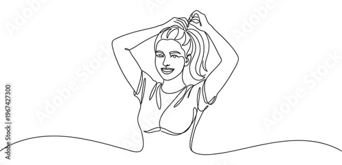 Smiling young woman in a continuous line art drawing style, tying her hair into a ponytail
