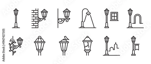 Various black outline street lamps and lanterns are depicted in a clean, minimalist icon set