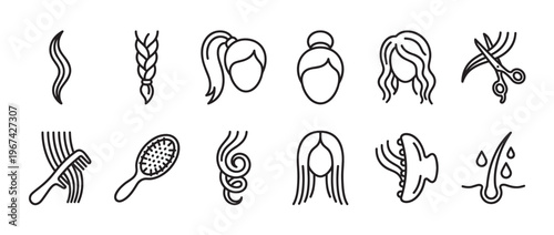 Collection of black outline icons representing various hair types, styles, and hair care tools, illustrating different aspects of beauty and grooming