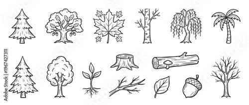 Collection of hand-drawn black and white tree elements including various trees, leaves, a sprout, stump, log, branch, and acorn