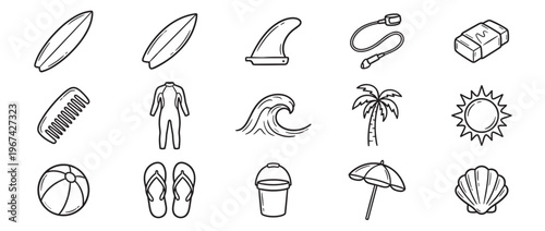 Collection of hand-drawn black and white surf and beach icons, including surfboards, a wetsuit, waves, and a palm tree, presented in a clean, graphic style